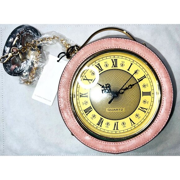 Classic Fashion Handbags - Round Pink Faux Leather Crossbody Purse Functional Clock Face Design Gold Accent